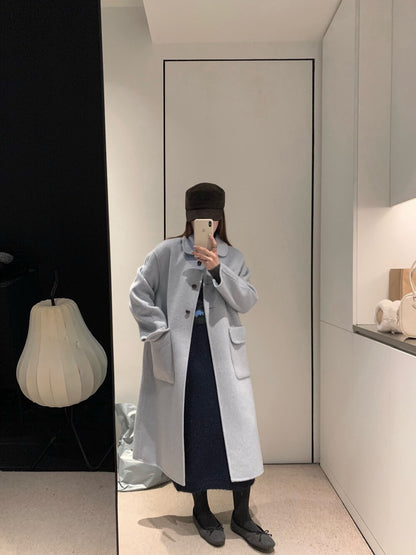 // 100%羊毛圓翻領三粒鈕扣長款手工外套