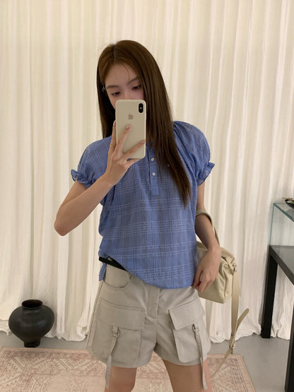 B32 / 復古格紋鈕扣泡泡袖BL