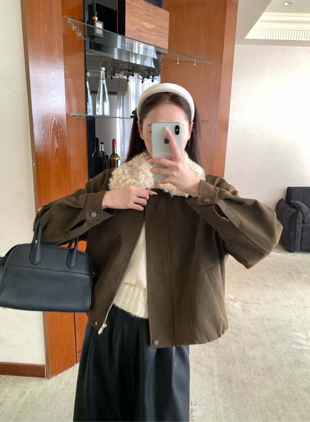 // 拼接卷毛領設計感短外套