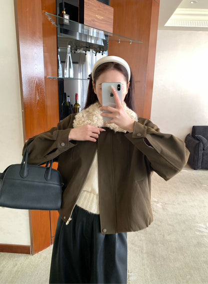 // 拼接卷毛領設計感短外套