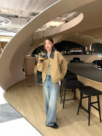 // 帥氣拼皮領燈芯絨可束腳拉鍊外套