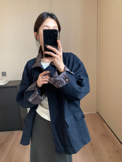// 中古感拼花紋麂皮領工裝外套