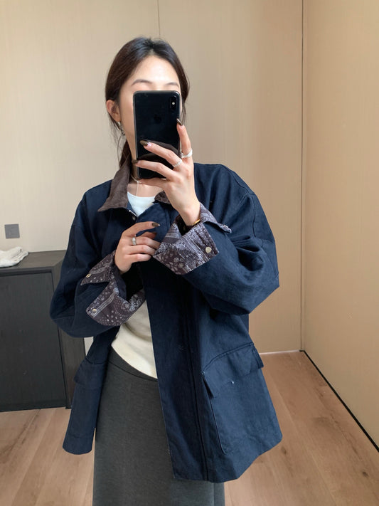 // 中古感拼花紋麂皮領工裝外套