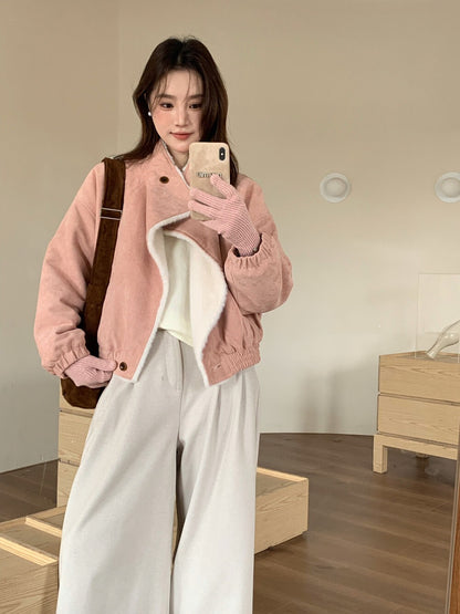 // 帥氣隨性領子皮毛一體麂皮絨外套