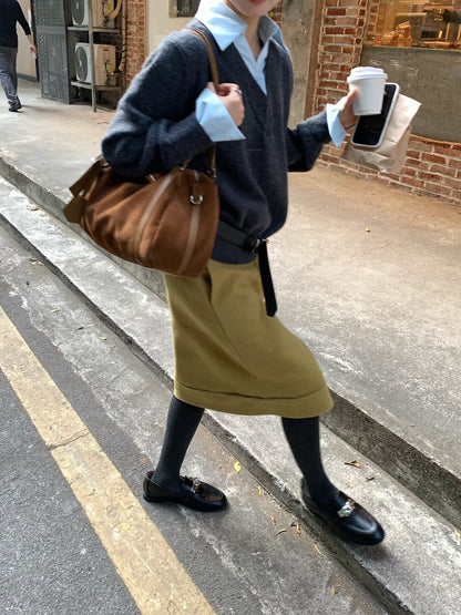 // 氣質微A五分毛呢裙(連腰帶)