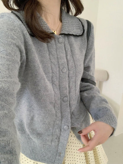 // 10%兔絨撞色花邊領拼麻花紋NT