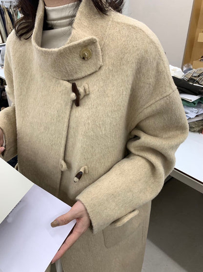 // 90%wool氣質立領長款手工羊毛外套(連袋仔)