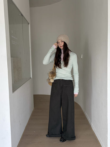 // 雙口袋裝飾加絨卷邊褲(連腰帶)