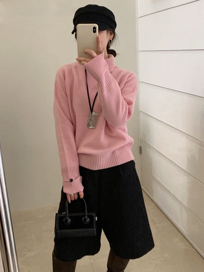 // 100%綿羊毛鈕扣可立領+設計感袖口毛衣