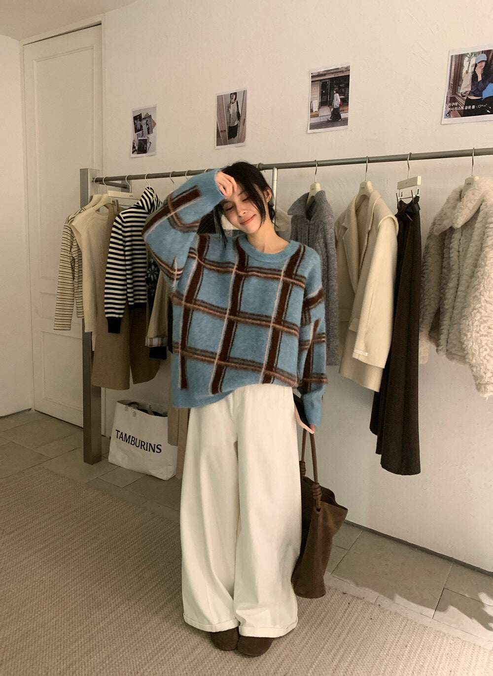 // 慵懶拉絨撞色格紋毛衣