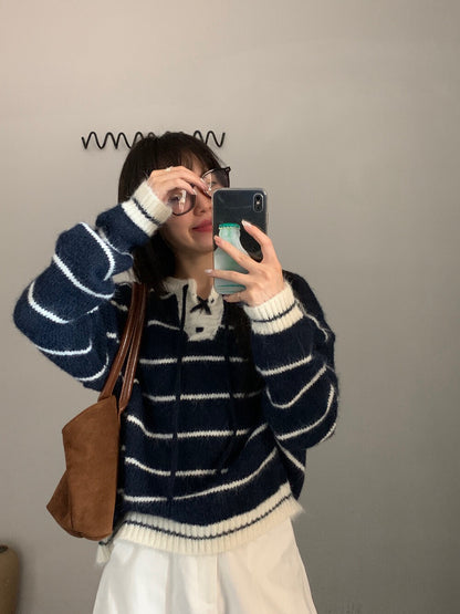 // 撞色綁帶領口間條毛衣