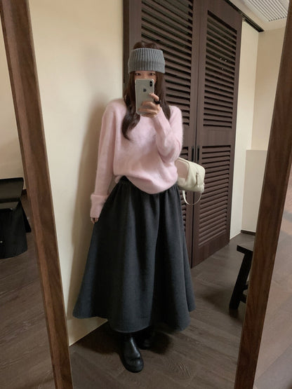 // 7%wool壓褶A字超遮肉半截裙(連腰帶)