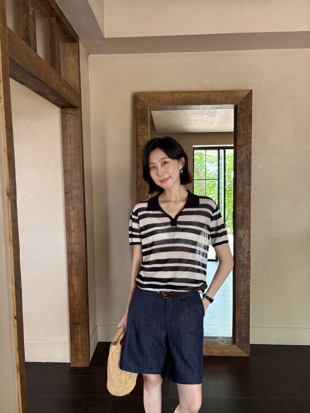 P13 / 輕薄透氣五分麻質牛仔褲(連腰帶)