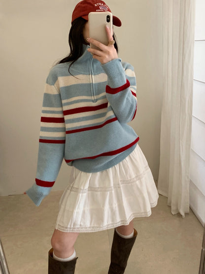 // 100%wool復古感拼間半拉鍊立領毛衣