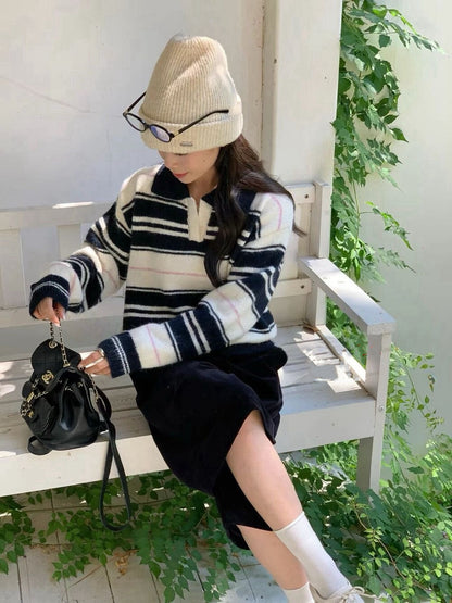 // 30%綿羊毛翻領拼色間條毛衣