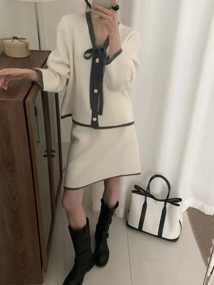 // 超軟糯撞色邊綁結開胸CD+短裙套裝(可分開單買)