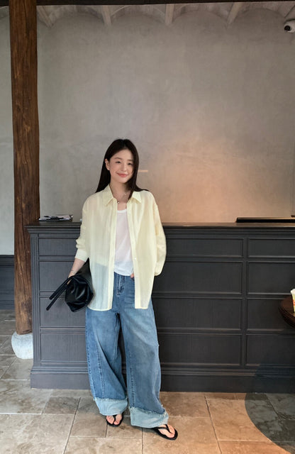 // 設計感假反褶毛邊洗水牛仔闊褲