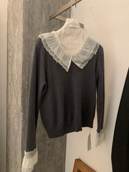 // 拼接花邊lace領+袖混羊毛NT