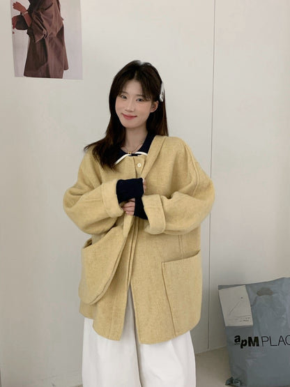 // 100%wool圓領大袋雙面毛呢外套(連袋仔)