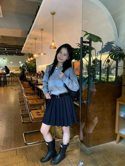 // 連腰帶毛呢料百褶短裙