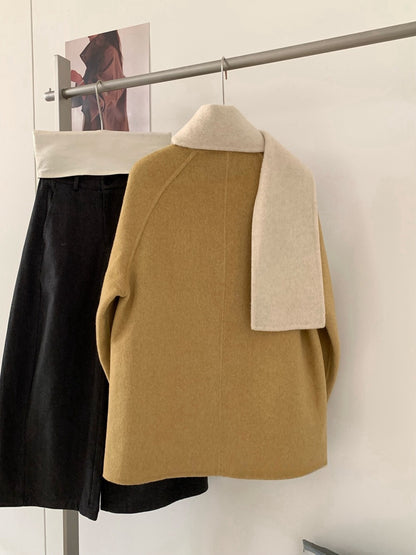 // 超氣質內撞色簡潔圓領100%手工雙面羊毛外套(連頸巾)