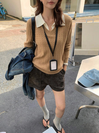 B215 / 拼接假兩件恤衫翻領麻花針織上衣