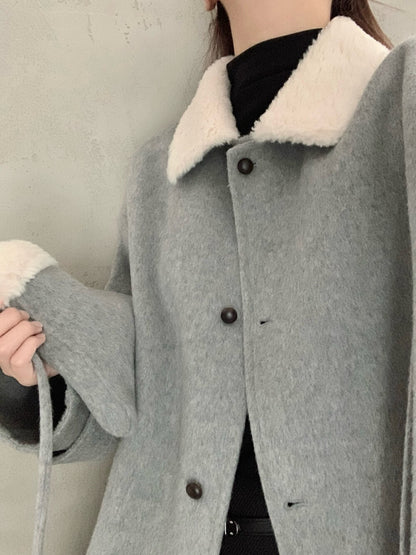 // 100%羊毛拼毛毛領中長手工外套(連袋仔)