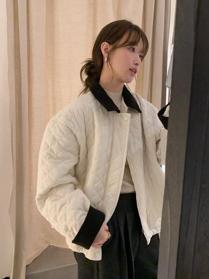 // 拼色燈芯絨領菱格絨面夾棉外套