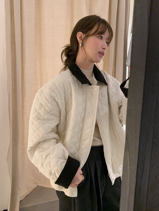 // 拼色燈芯絨領菱格絨面夾棉外套