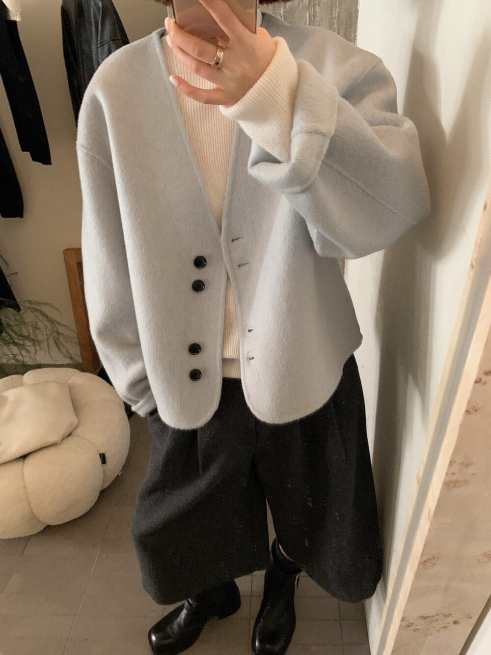 // 極美double鈕扣深V簡約100%雙面羊毛手工外套