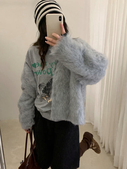 // 造型感圈圈毛拉絨V領外套