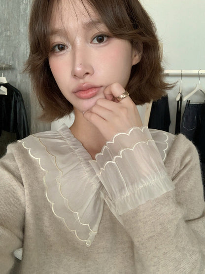 // 拼接花邊lace領+袖混羊毛NT