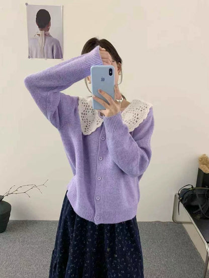 // 拼接鈎花針織翻領排扣毛衣