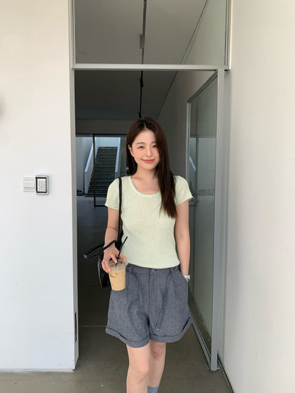 // 棉麻反褶腳連腰繩短裙