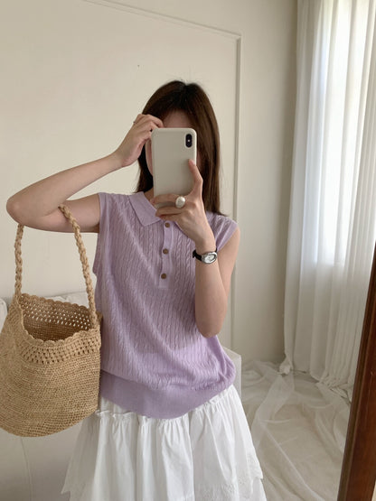 // 天絲麻透氣麻花polo背心針織