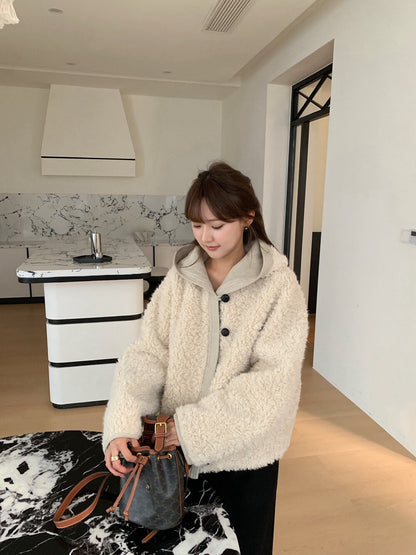 // 拼接材質可愛毛茸茸連帽外套