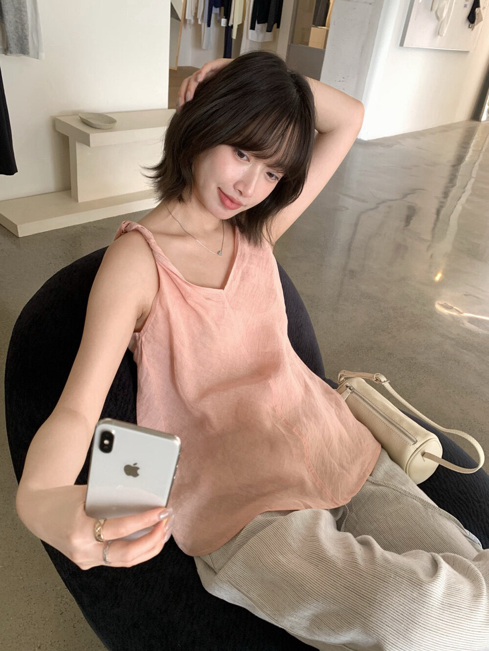 // 100%麻質扭結肩帶小魚尾背心