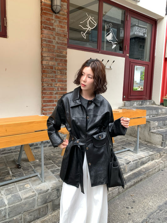 // vintage油蠟皮連腰包腰帶翻領中長外套