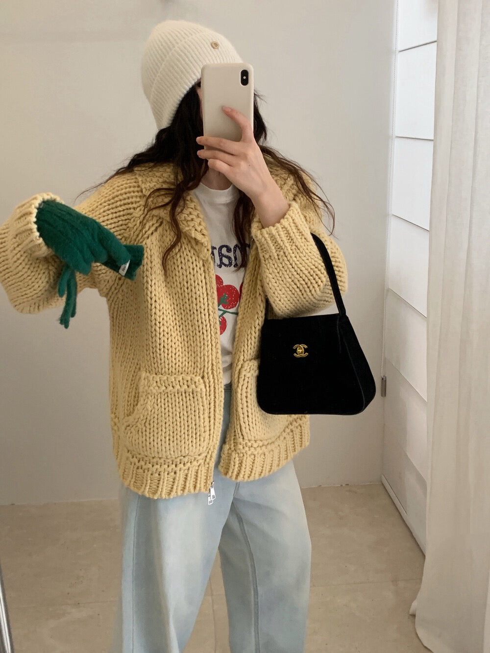 // 30%wool粗棒針手工織感圓翻領口袋拉鍊CD