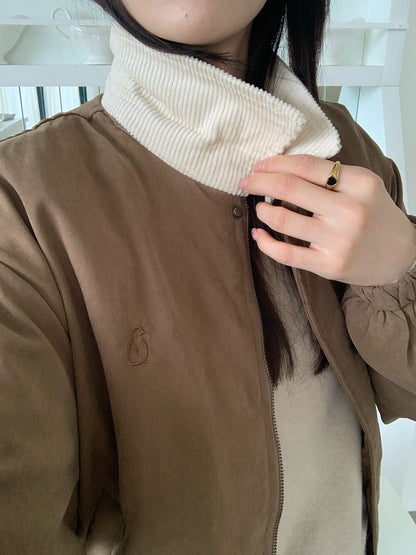 // 可愛小刺繡拼燈芯絨領夾棉外套