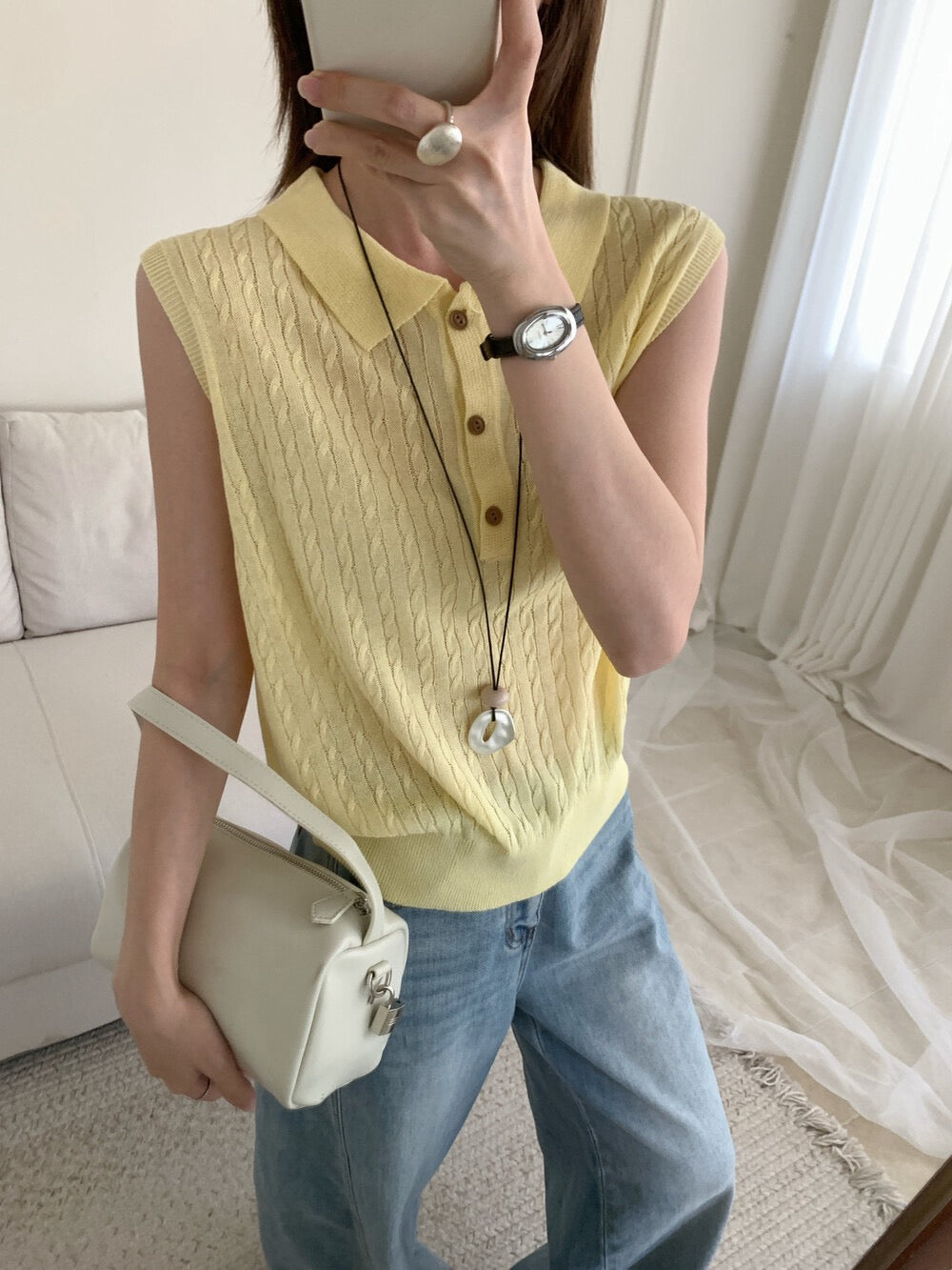 // 天絲麻透氣麻花polo背心針織