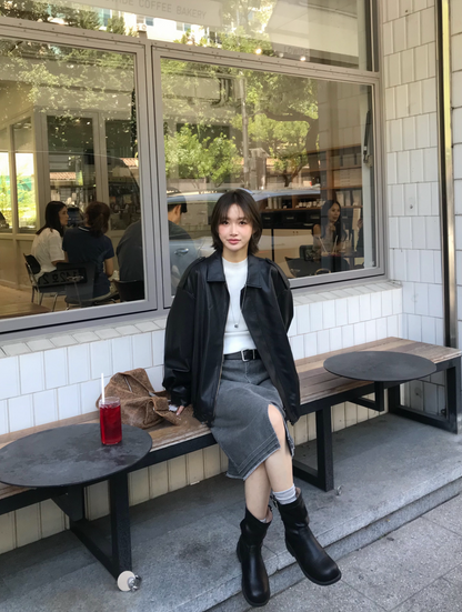 // 復古帥氣彷皮機車外套