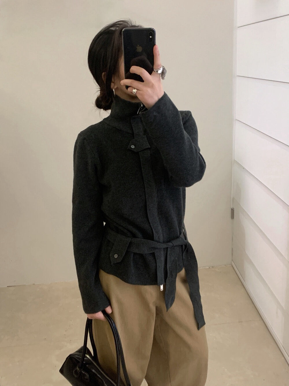 // 立領綁腰帶針織CD