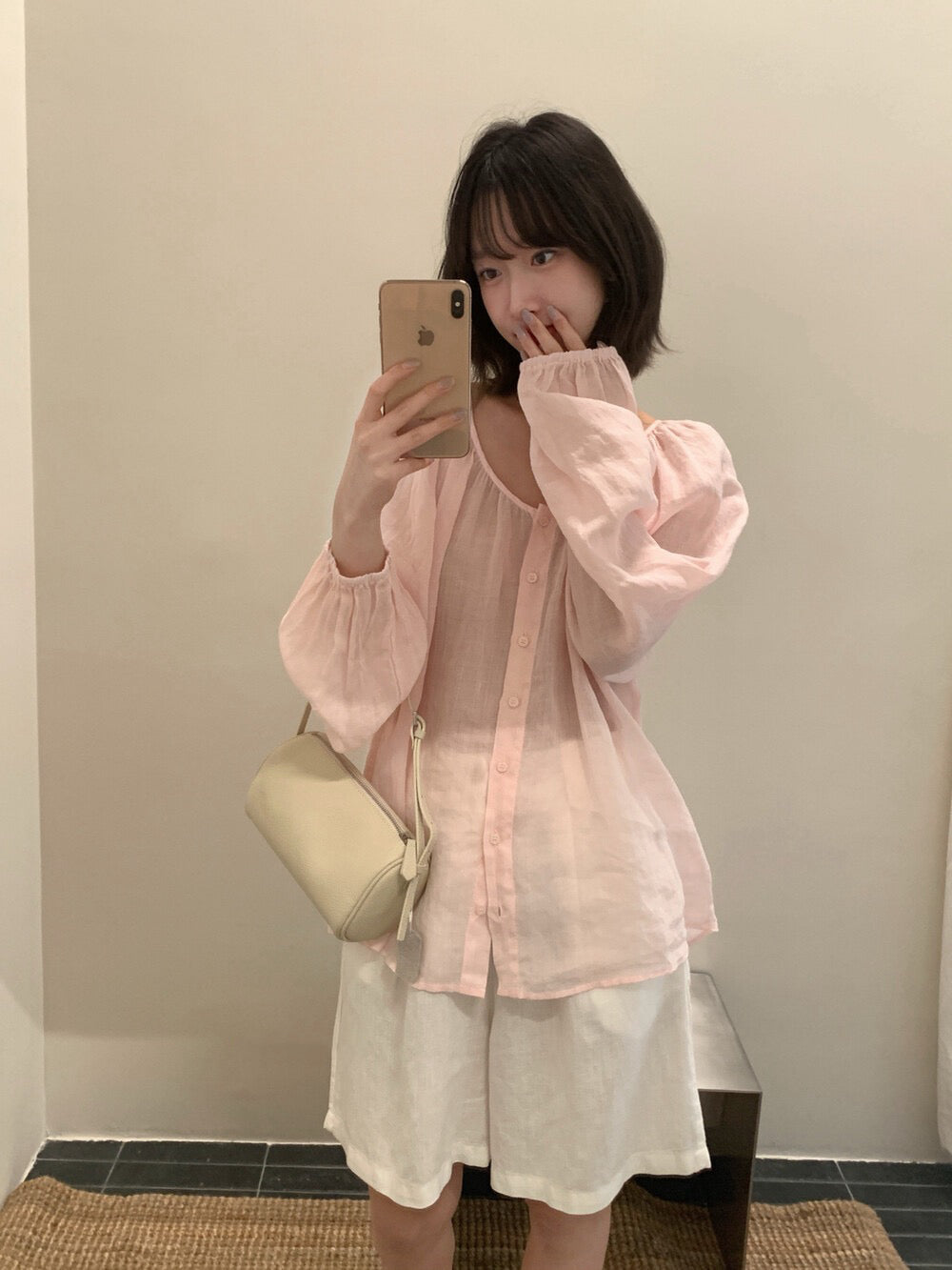 // 後綁帶排扣寬鬆麻質BL