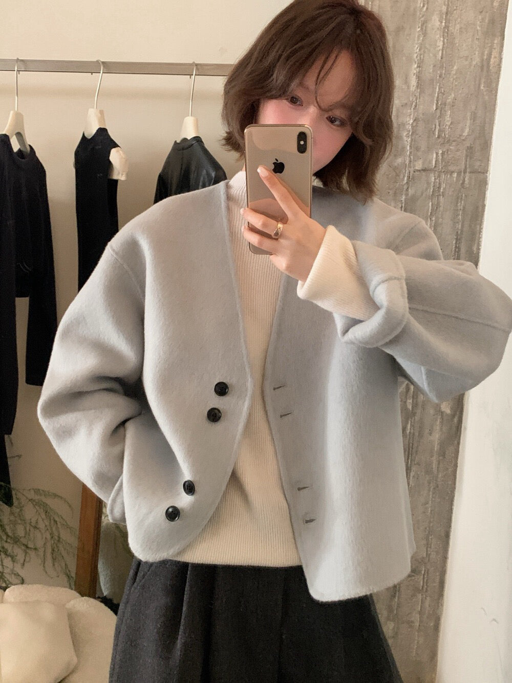 // 極美double鈕扣深V簡約100%雙面羊毛手工外套