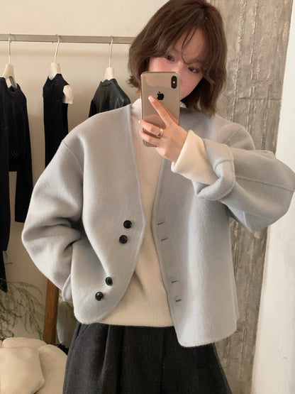 // 極美double鈕扣深V簡約100%雙面羊毛手工外套
