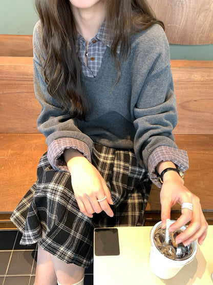 // 高級感拼接格仔翻領薄絨底衛衣