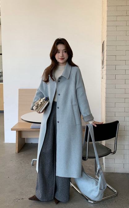 // 100%羊毛簡約翻領長款手工外套(連斜背包)