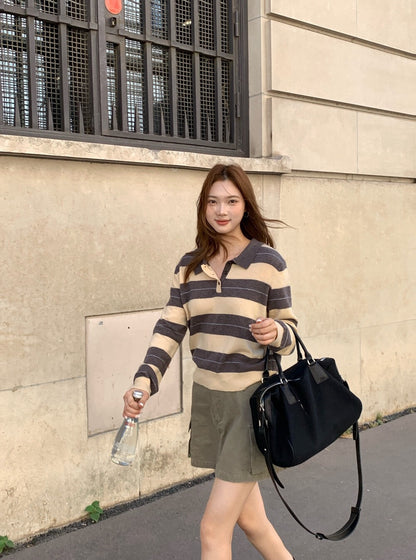 K06 / 慵懶寬鬆復古風間條翻領KN(33%wool)