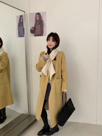 // 撞色內裡斜襟連頸巾100%羊毛雙面手工外套